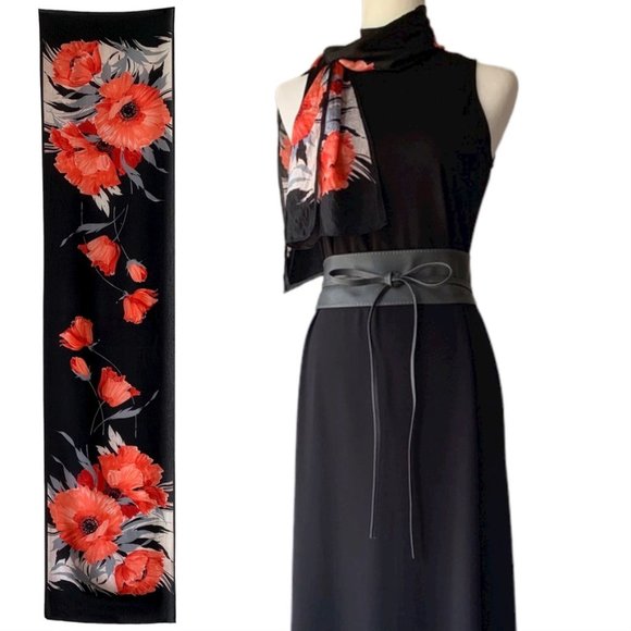 The Specialty House Accessories - Vintage Japanese black with coral poppies floral printed skinny silk scarf